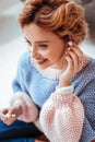 Portrait of a happy cheerful woman listening to music Royalty Free Stock Photo