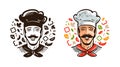 Portrait of happy chef, cook. Cuisine, cooking logo or label. Cartoon vector illustration
