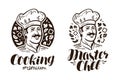 Portrait of happy chef logo or label. Cooking, cuisine icon. Vintage vector illustration Royalty Free Stock Photo