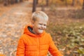 Portrait of happy child boy in orange jacket in autumn park. Fall season and children concept Royalty Free Stock Photo