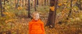 Portrait of happy child boy in orange jacket in autumn park. Fall season and children concept. Copyspace and empty space Royalty Free Stock Photo