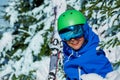 Portrait of happy child smile in alpine ski helmet and mask Royalty Free Stock Photo