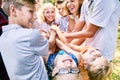 Portrait of happy children heaping hands Royalty Free Stock Photo