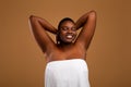 Portrait of beautiful plus size African american woman showing armpits Royalty Free Stock Photo