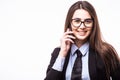 Portrait of happy confident businesswoman talking on the mobile cell phone Royalty Free Stock Photo