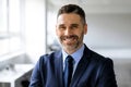 Portrait of happy confident middle aged businessman in suit looking and smiling at camera, posing in office interior Royalty Free Stock Photo