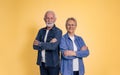 Portrait of happy and confident senior couple wearing denim shirts with arms crossed posing while standing isolated over yellow Royalty Free Stock Photo