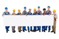 Happy Construction Workers Holding Blank Billboard Royalty Free Stock Photo