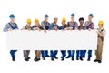 Happy Construction Workers Holding Blank Billboard Royalty Free Stock Photo