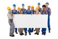 Happy Construction Workers Holding Blank Billboard