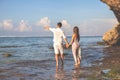 Portrait of Happy Couple, at the Beach, Holds Hands, Sea Royalty Free Stock Photo