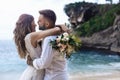 Portrait of Happy Couple, at the Beach, Holds Hands, Sea Royalty Free Stock Photo