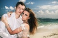 Portrait of happy couple at beach. Traveling at Thailand Royalty Free Stock Photo