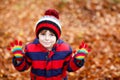 Portrait of happy cute little kid boy with autumn leaves background in colorful clothing. Funny child having fun in fall Royalty Free Stock Photo