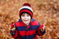 Portrait of happy cute little kid boy with autumn leaves background in colorful clothing. Funny child having fun in fall Royalty Free Stock Photo