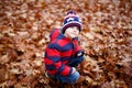 Portrait of happy cute little kid boy with autumn leaves background in colorful clothing. Funny child having fun in fall Royalty Free Stock Photo