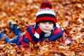 Portrait of happy cute little kid boy with autumn leaves background in colorful clothing. Funny child having fun in fall Royalty Free Stock Photo