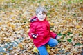 Happy cute little kid boy with autumn leaves playing in garden Royalty Free Stock Photo