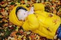 Portrait of happy cute toddler boy with autumn leaves background Royalty Free Stock Photo