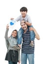 dad carry his son on a shoulder holding a love card Royalty Free Stock Photo