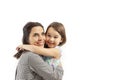 Portrait of happy daughter embraces her mother, isolated on white background