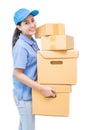 Portrait of happy delivery asian woman her hands holding cardboard box Royalty Free Stock Photo