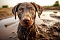 Portrait of happy dirty chocalate labrador dog on the walking.