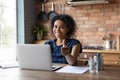 Portrait of happy distance employee satisfied with work from home Royalty Free Stock Photo