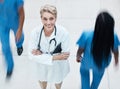 Portrait, happy and doctor in busy hospital standing with crossed arms after consultation. Happiness, medicine and Royalty Free Stock Photo