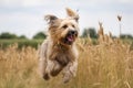 portrait of happy dog jumping in field with windblown fur