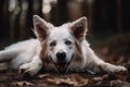 portrait of happy dog, lying on its back with paws in the air