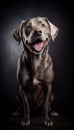 A portrait of a happy dog sitting on a black surface with a golden backdrop Royalty Free Stock Photo