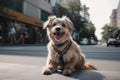 portrait of happy dog sitting on sidewalk, with view of busy city street visible in the background Royalty Free Stock Photo