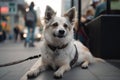 portrait of happy dog sitting on sidewalk, with view of busy city street visible in the background