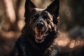 portrait of happy dog with tongue hanging out, eyes shining with happiness