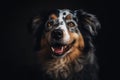 portrait of happy dog with tongue hanging out, eyes shining with happiness