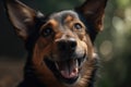 portrait of happy dog with tongue hanging out, eyes shining with happiness