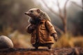 portrait of happy echidna wearing travel clothes created with Generative AI technology