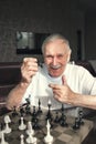 Portrait of a happy elderly man playing chess. man rejoices in victory Royalty Free Stock Photo