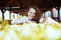 Portrait of happy elegant 40 years old woman in white shirt Royalty Free Stock Photo