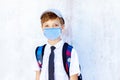 Portrait of happy elementary school boy wearing protective face mask