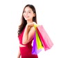 Portrait of a happy excited asian woman in red dress standing and holding colorful shopping bags with happy isolated Royalty Free Stock Photo
