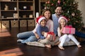 Portrait of happy family celebrating New Year holidays. Royalty Free Stock Photo