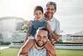 Portrait of happy family child, father and grandfather bonding, smile or enjoy quality time together in front yard Royalty Free Stock Photo