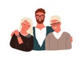 Portrait of happy family hugging each other vector flat illustration. Smiling adult man embracing mature parents or