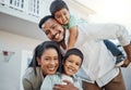 Portrait, happy family and piggyback outdoor at new home, real estate loan and building mortgage together. Parents, kids