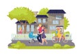 Portrait of happy family walking with baby stroller vector illustration. Family together in summer town park with trees