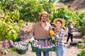 Portrait of happy farmers with mango harvest in orchard