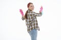 Portrait of happy female doing house duties wearing rubber gloves and holding cleaning equipment. Cheerful look. Hygiene, cleaning Royalty Free Stock Photo