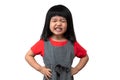 Portrait of happy and funny Asian child girl on white background, a child looking at camera hand gesture. Preschool kid dreaming Royalty Free Stock Photo